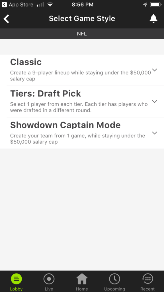 DraftKings Mobile App Select Game Style