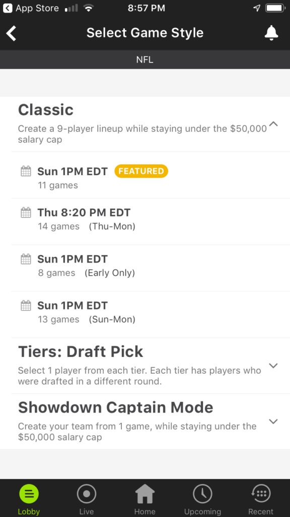 DraftKings Mobile App Select Game Style Dropdown
