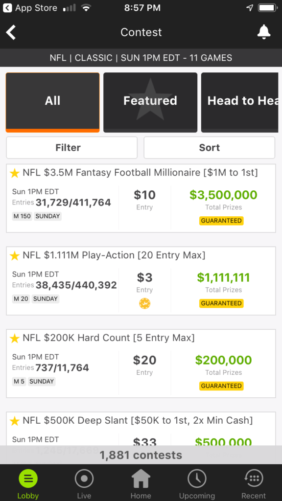 DraftKings Mobile App Contest Dashboard